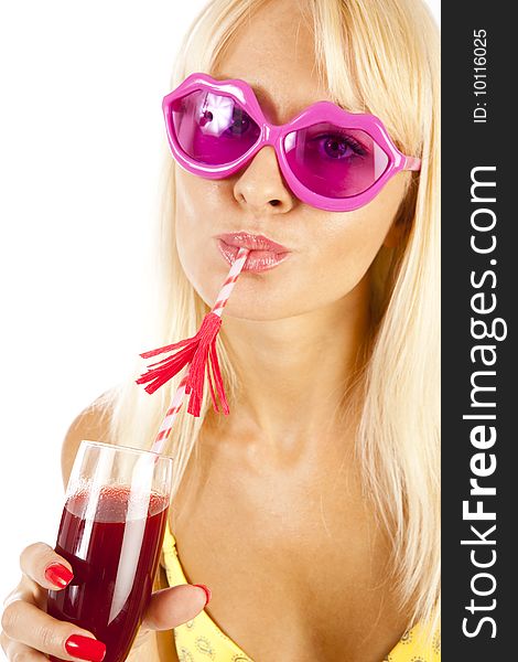 Pretty long hair blond in bikini with glass of coctail