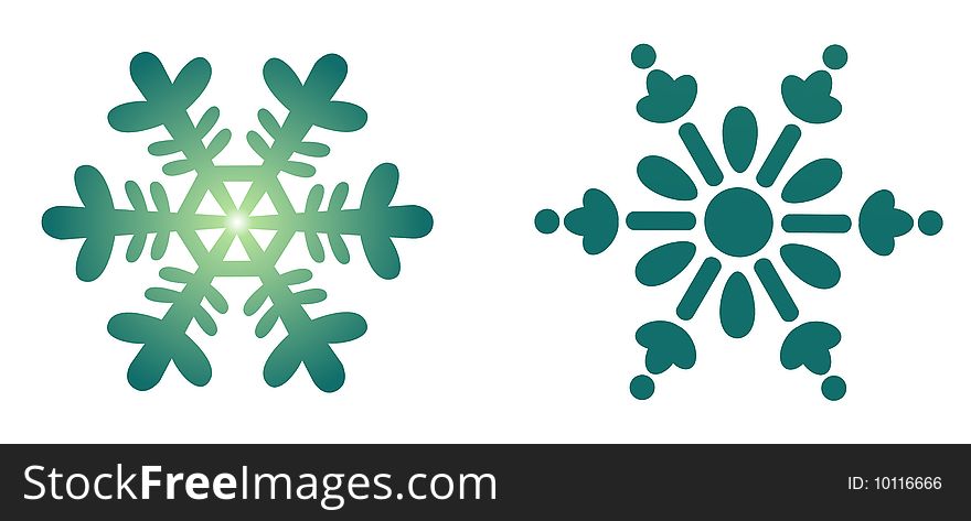 Two green snowflakes on white background