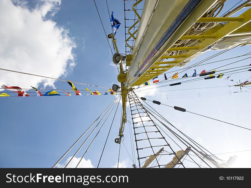 Ship rigging against blue sky shot from below