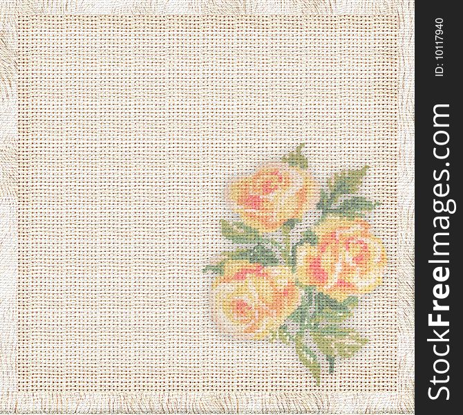 Linen fabric background with the embroidered yellow roses. Linen fabric background with the embroidered yellow roses