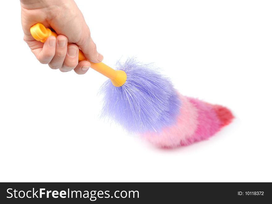 Female hand with brush cleaning over white background. Female hand with brush cleaning over white background