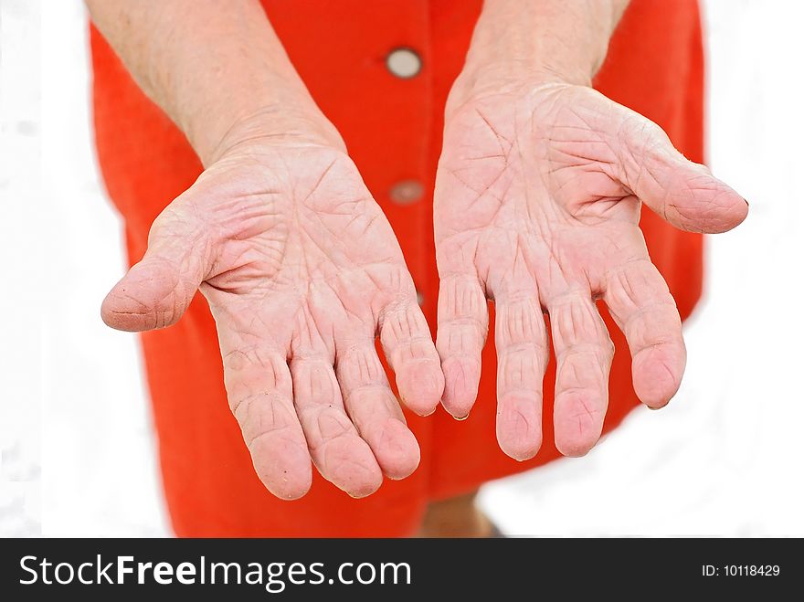 An old woman with open palms. An old woman with open palms