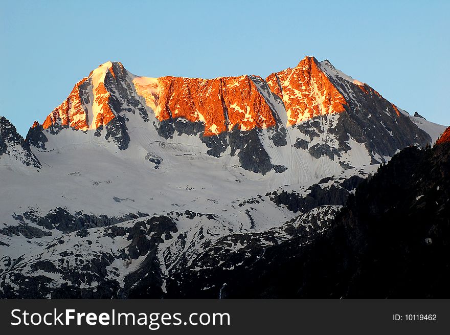 Sunrise over Presanella in the National Park Adamello-Brenta-Italian Alps