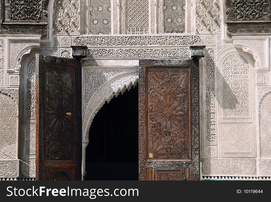 Detail of an entrance door at the Bou Inania Madrassa in Fez, Morocco