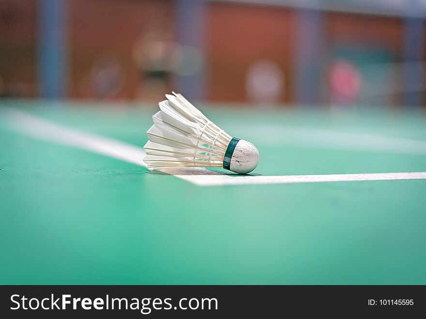 Badminton shuttlecock on green court