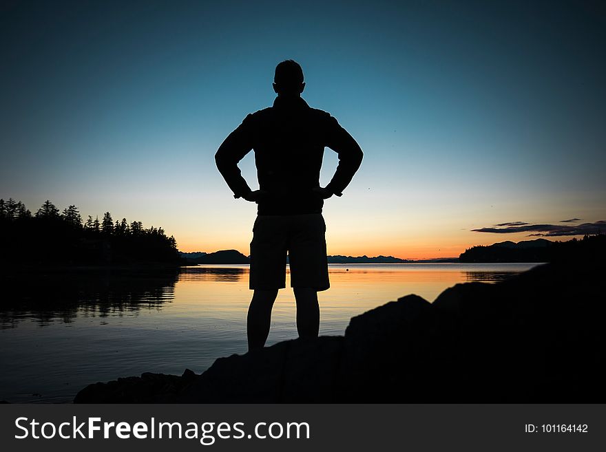 Silhouette, Water, Standing, Sunrise