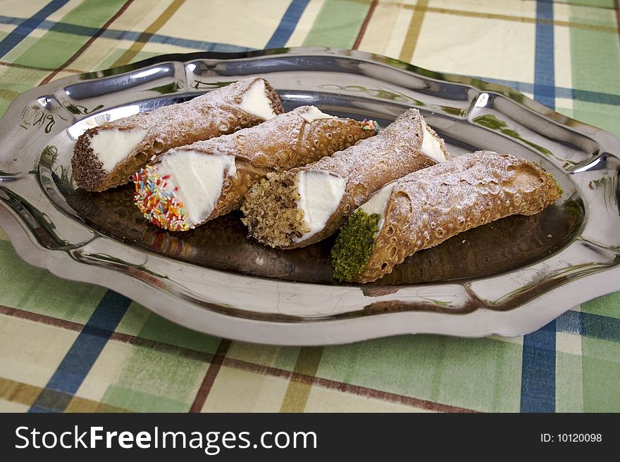 Tray Sicilian sweets, made with ricotta(cheese) cream. Tray Sicilian sweets, made with ricotta(cheese) cream