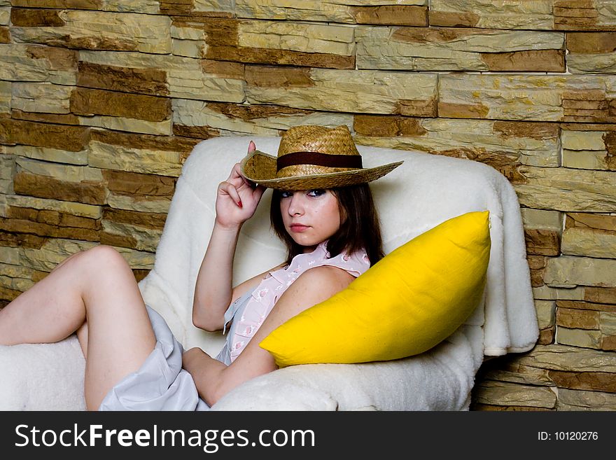 Beautiful sexy girl in yellow hat