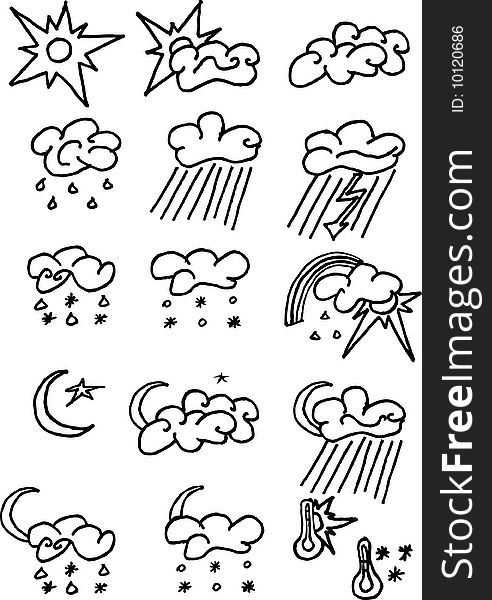 16 weather icons set on white. Easy to use. Full page of fun hand draw doodles on a weather theme