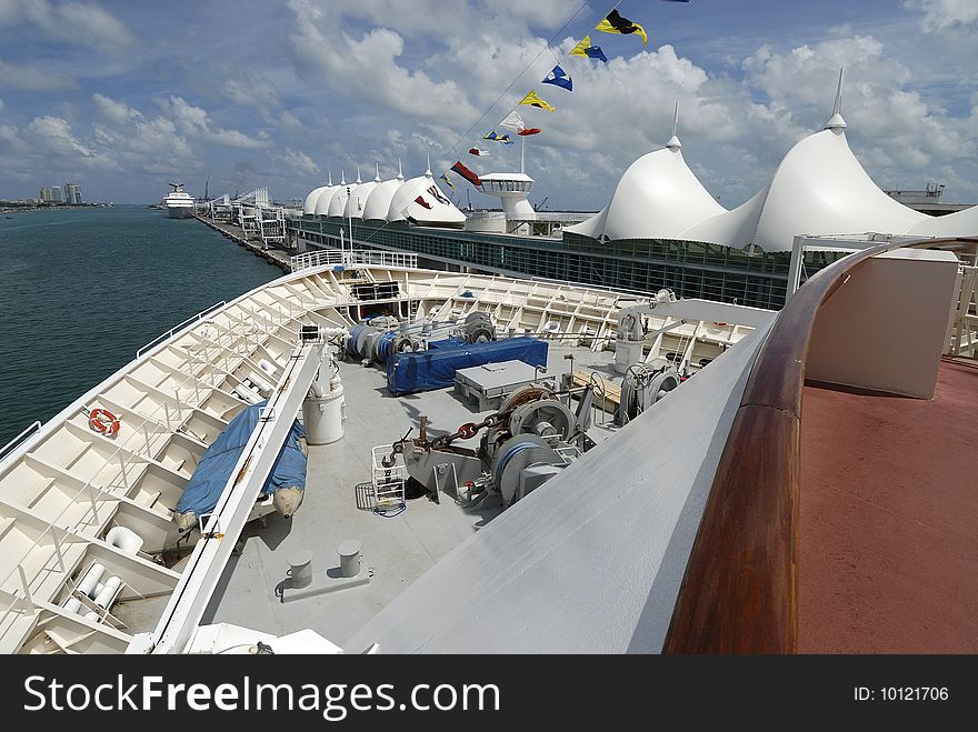 Perspective shot of the bow of a cruise ship docked in the port of Miami, Florida. Perspective shot of the bow of a cruise ship docked in the port of Miami, Florida