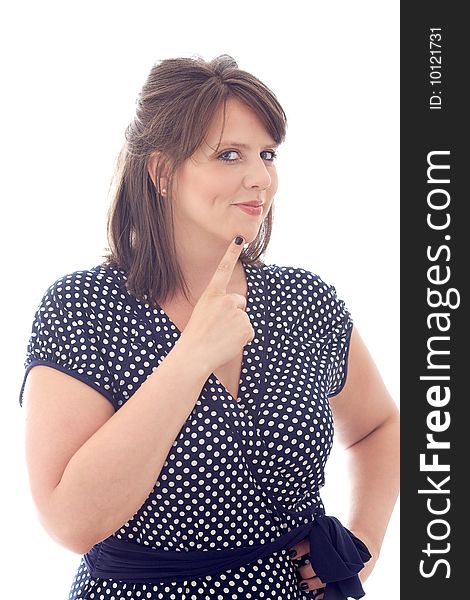 Woman with an idea, isolated on a white background.