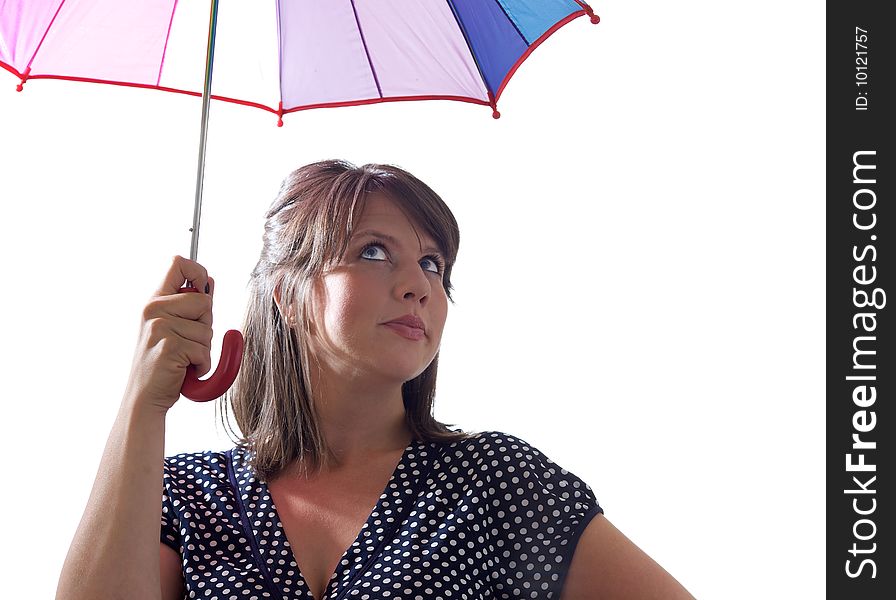 Confident woman with umbrella, isolated on a white background.