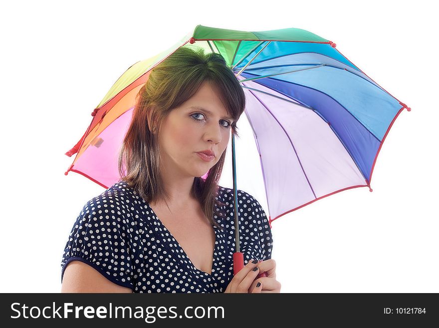 Pensive women with umbrella, isolated on a white background.