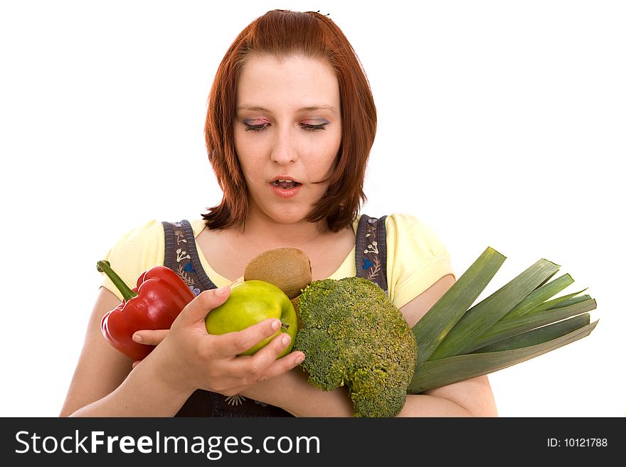 Woman eating vegetables on white background