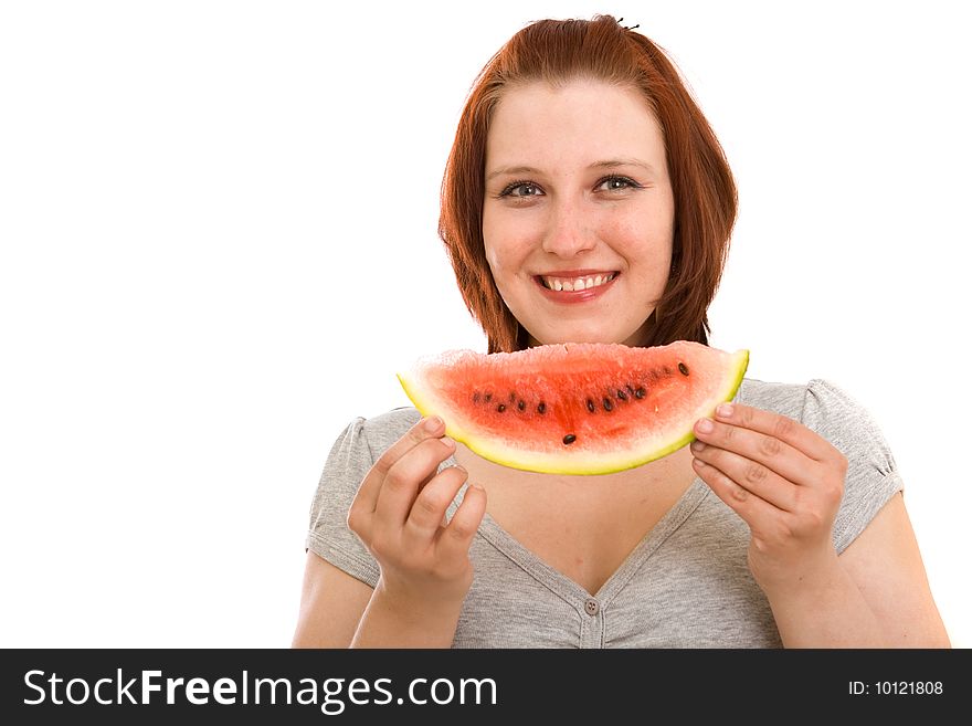 Woman eating water melon on white background