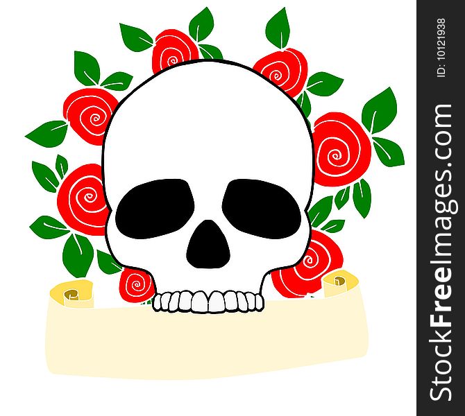 An illustration of a skull and a banner