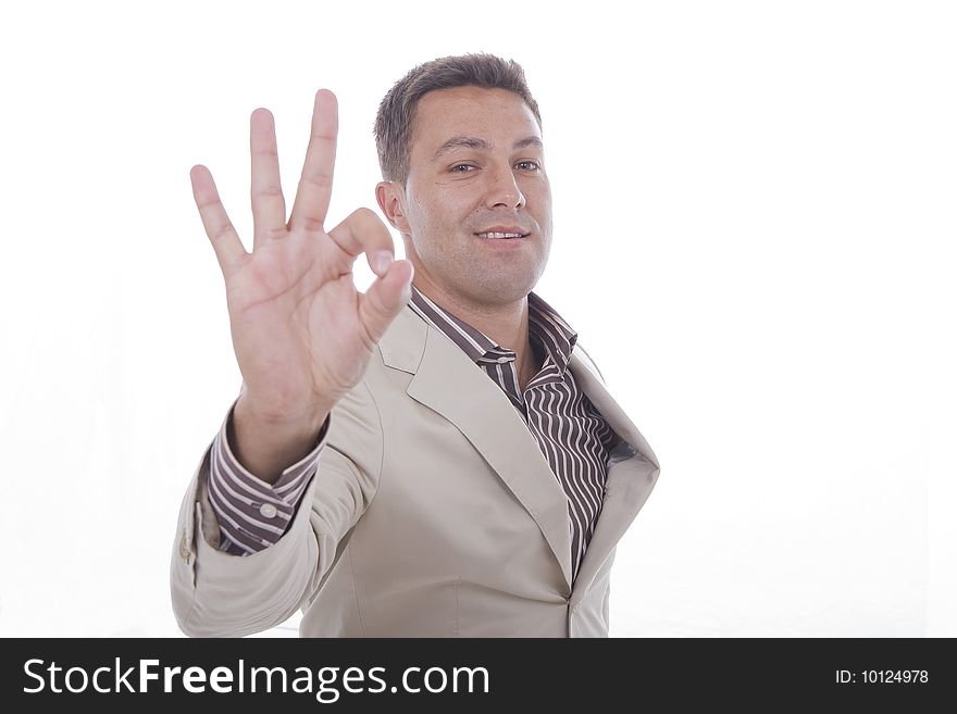 Businessman gesturing zero with hands on white