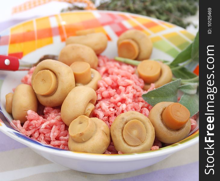 Some fresh pork meat with mushrooms in a bowl. Some fresh pork meat with mushrooms in a bowl