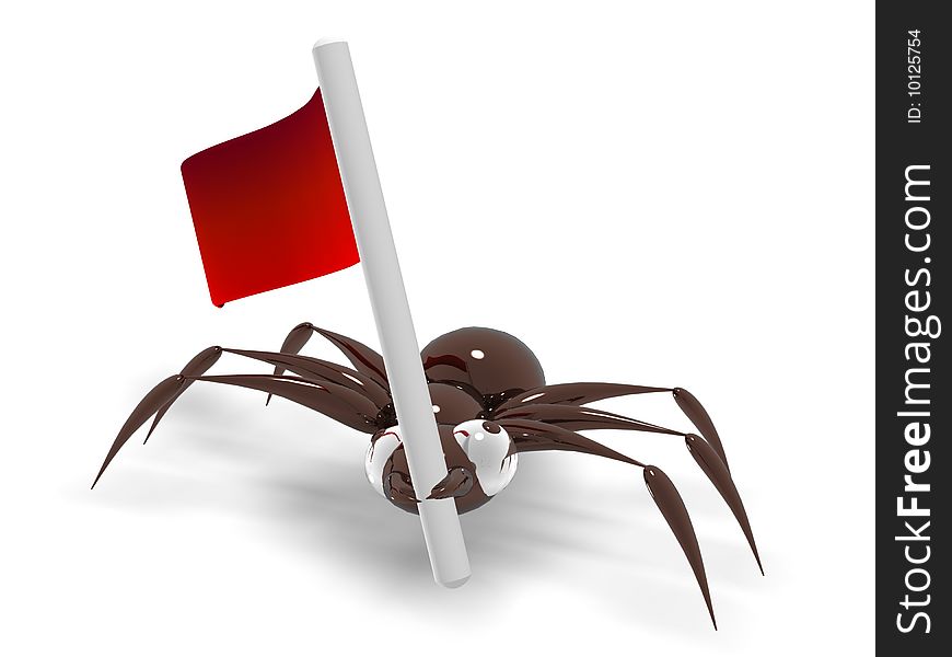 Brown ant with a flag isolated on a white background.
