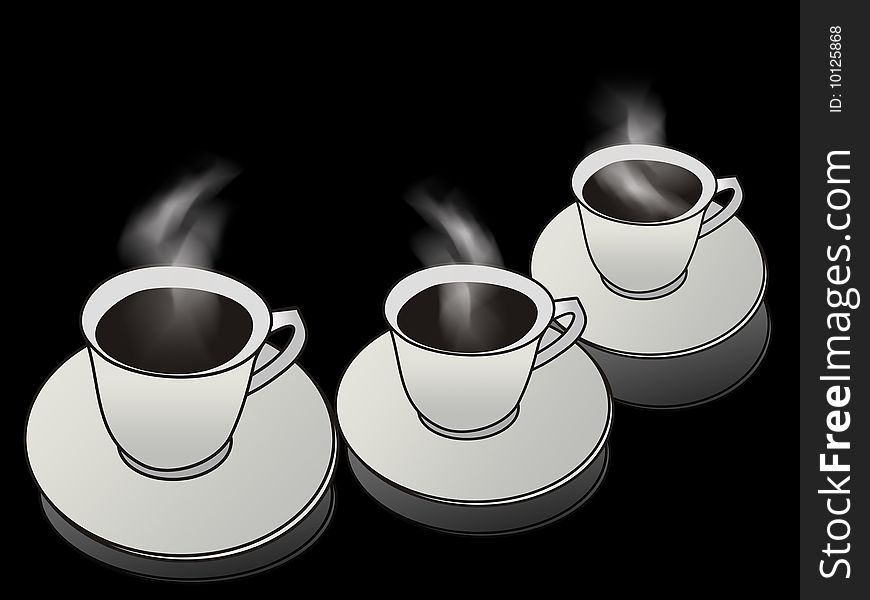 Three cups of hot coffee on a black background. Three cups of hot coffee on a black background