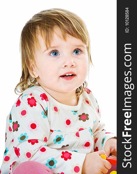 Portrait of little girl with toy on white background. Portrait of little girl with toy on white background