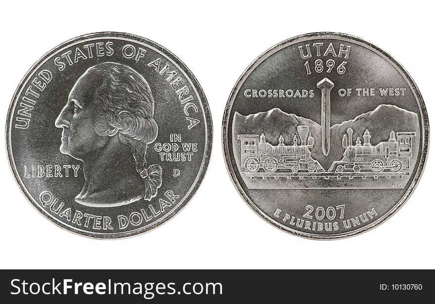 Utah State Quarter coin on white background.