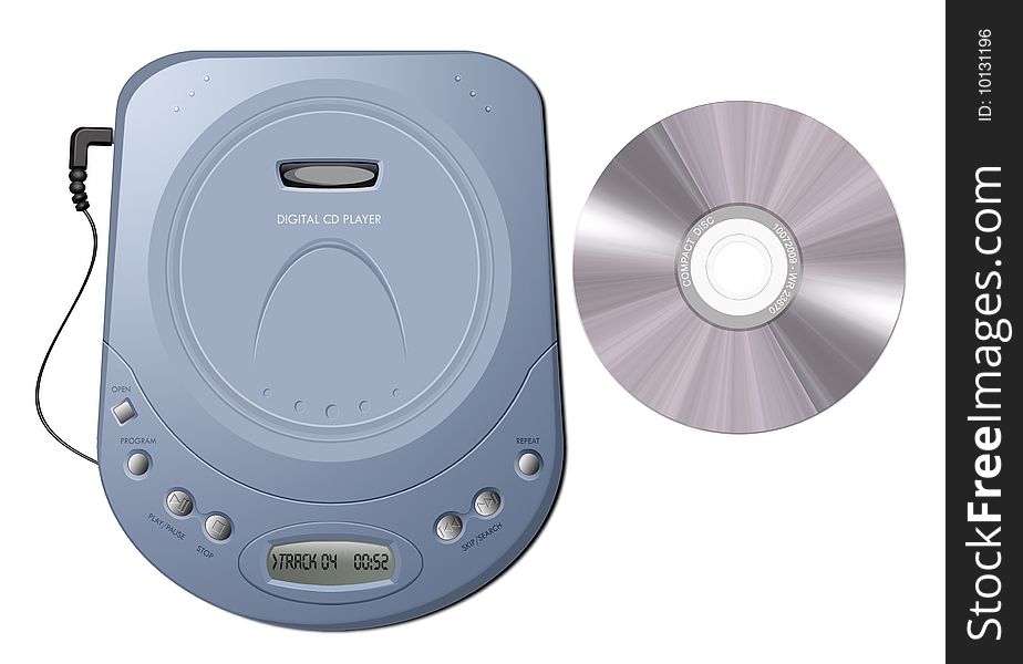 Computer-generated illustration: blue portable CD player. Isolated object on white background. Computer-generated illustration: blue portable CD player. Isolated object on white background