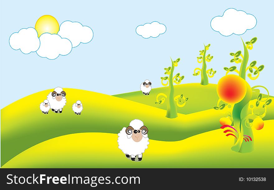 Colony sheep at grassland on sunny day