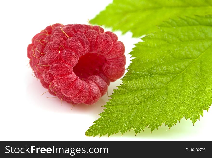 Raspberry and leaf isolated on white. Raspberry and leaf isolated on white