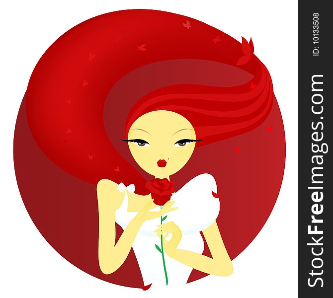 Girl with red rose. Mesh, EPS, full editable.