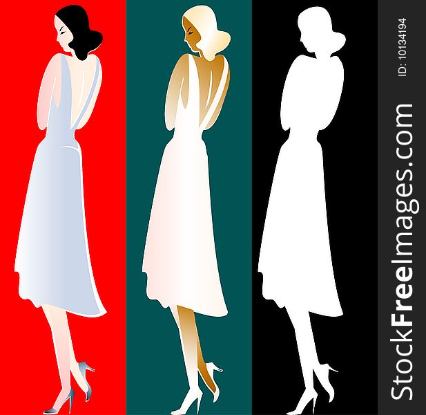 There are three images of the woman in a retro-style. There are three images of the woman in a retro-style
