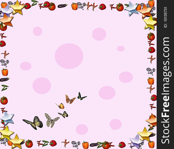 Beautiful border with pink spots and flying butterflies of different sizes