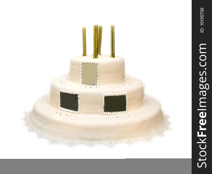 A white marcipan wedding cake over white