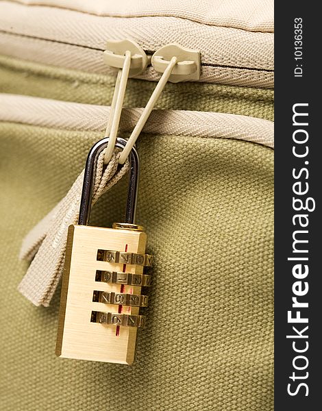 Coding lock on zip of bag. Coding lock on zip of bag