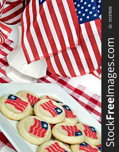 Flag sugar cookies with American flags. Flag sugar cookies with American flags.