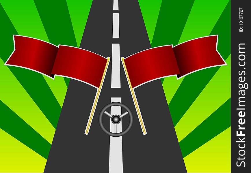 Two red flags on road. Symbol of speed. Two red flags on road. Symbol of speed