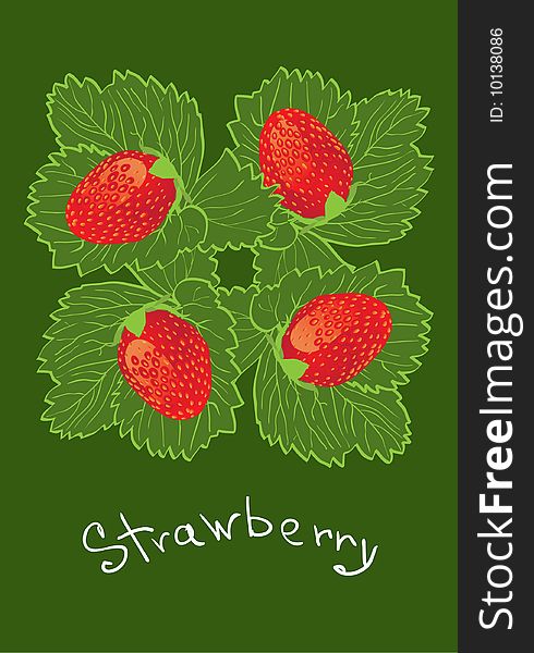 Vector background, and a ripe strawberry on green leaves