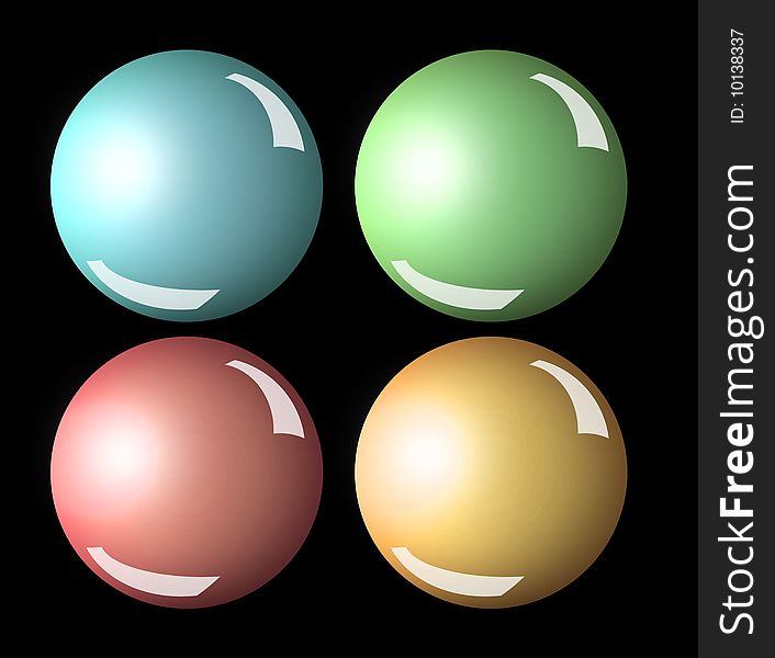 Four spheres over black background. Blue, red, Green and orange colors