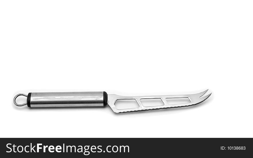 Stainless steel cheese knife on isolated white background. Stainless steel cheese knife on isolated white background