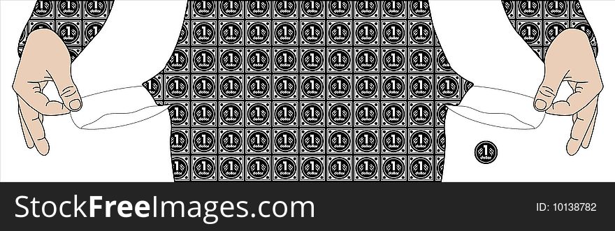 The man has pulled out pockets from own trousers. One dollar drops out of a pocket. The man has pulled out pockets from own trousers. One dollar drops out of a pocket