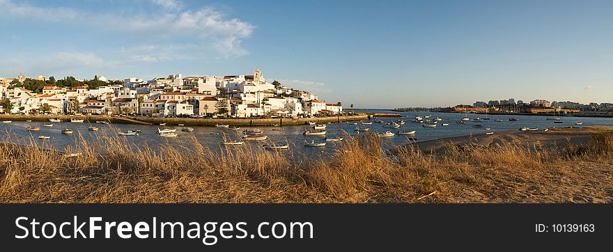 A panorama of Ferragudo at sunset.