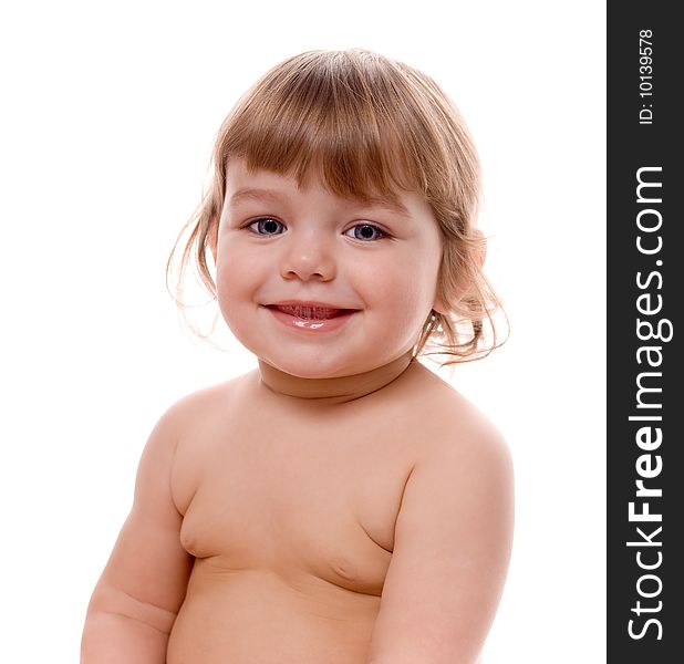 Adorable baby girl smiling, looking into the camera, isolated on white. Adorable baby girl smiling, looking into the camera, isolated on white.