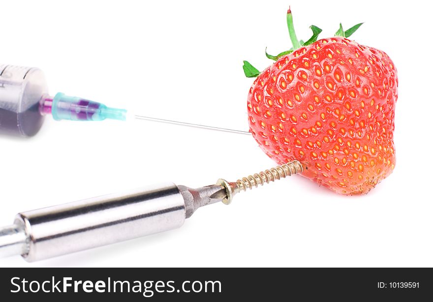Biological experiment: concept with strawberry, syringe and screwdriver
