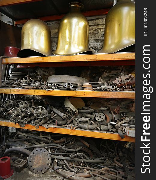 Steam engine spare parts inside the Douglas Steam Engine Sheds, Isle of Man