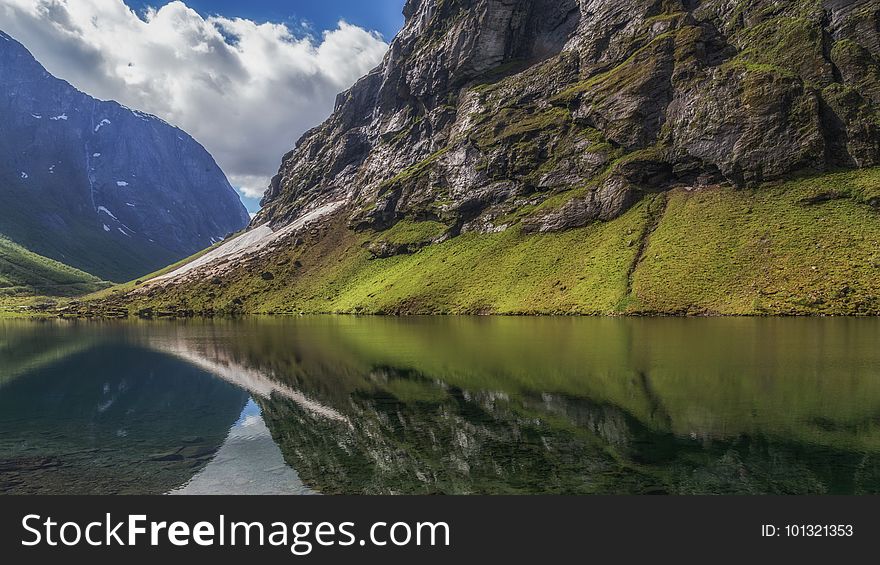 Water, Cloud, Sky, Mountain, Water resources, Natural landscape
