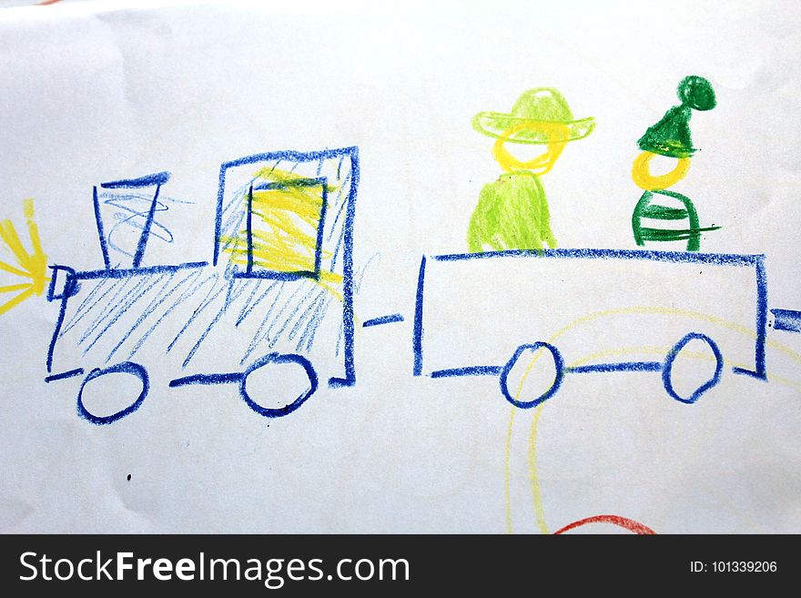 A Train With Locomotive And Passangers On The Kid`s Drawing