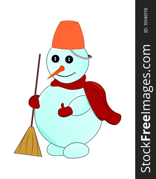 Vector illustration of a snowman with a bucket on the head and with a broom in the arm. Vector illustration of a snowman with a bucket on the head and with a broom in the arm
