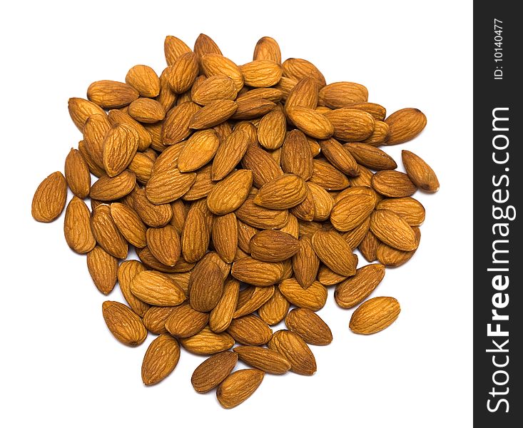 Many almonds nuts on white