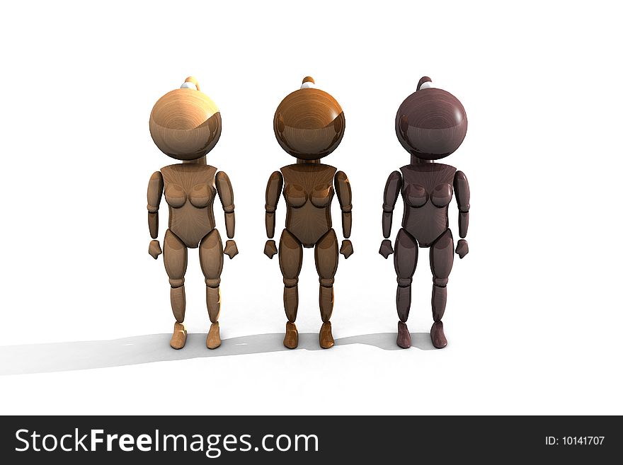Three wooden feminine characters - 3D Rendering. Three wooden feminine characters - 3D Rendering