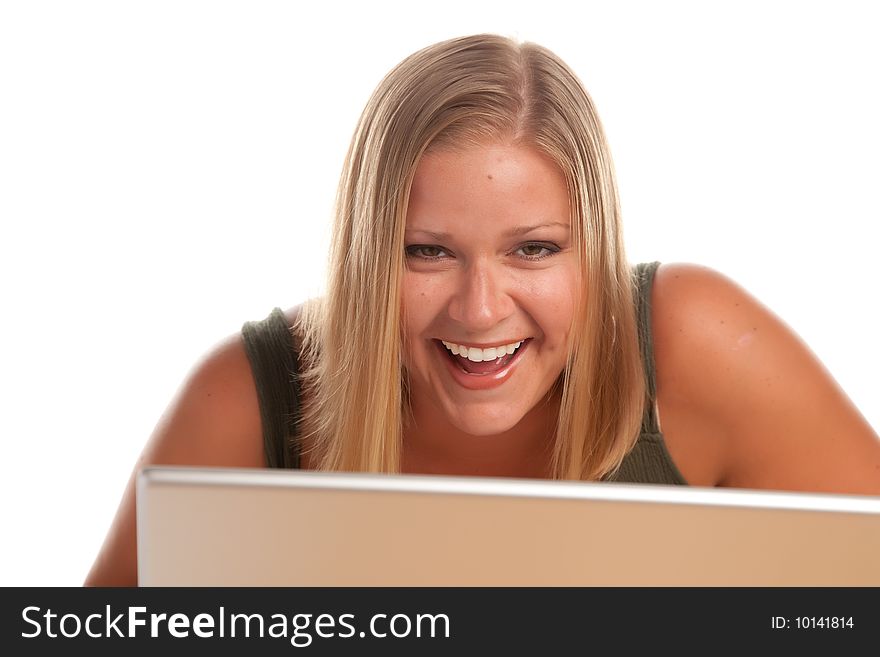 Beautiful Smiling Blonde Woman Using Laptop